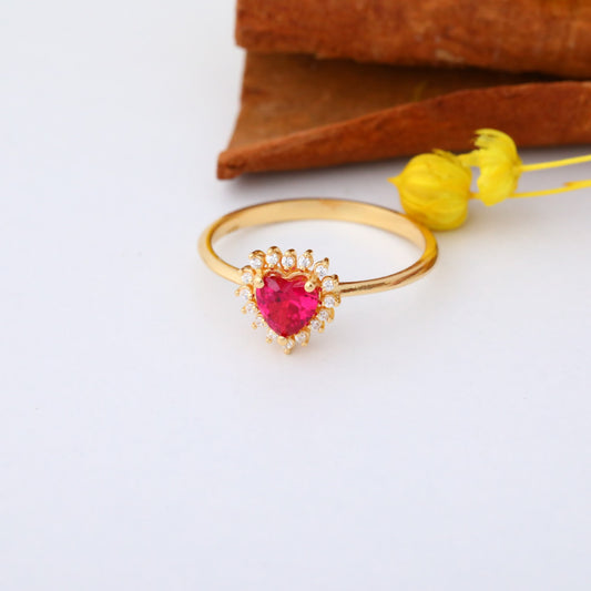Ruby Heart Ring by 16 Real Diamonds in 14K Solid Gold, July Birthstone Jewelry Queen Jewelry Rings