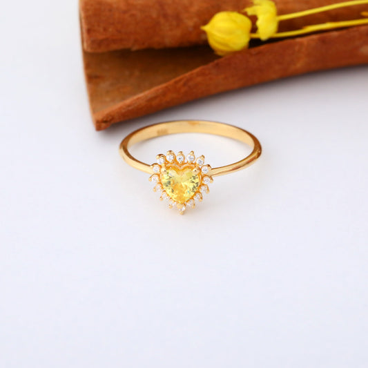 Yellow Topaz Heart Ring by 16 Real Diamonds in 14K Solid Gold, Birthstone Jewelry Queen Jewelry Rings