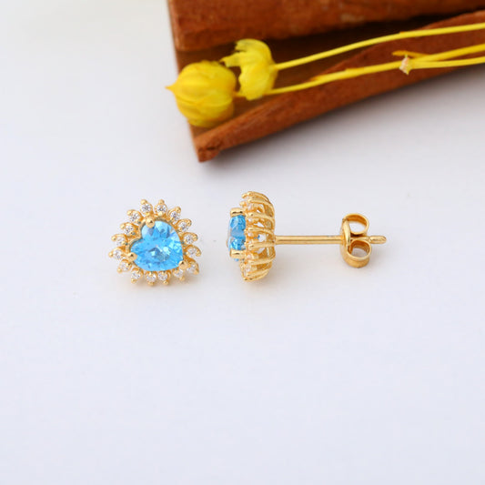 Blue Topaz Heart Shaped Stud Earring in 14K Solid Gold surrounded by Real Diamonds, December Birthstone Jewelry Queen Jewelry Earrings