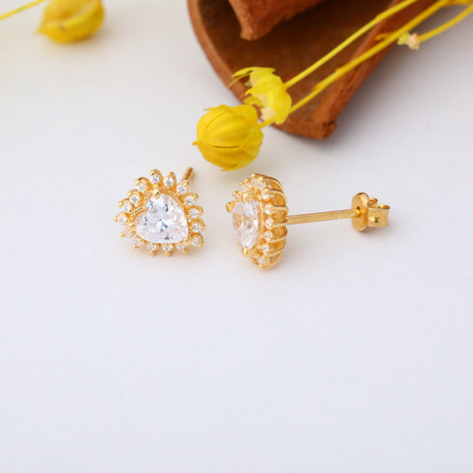 White Topaz Heart Shaped Stud Earring in 14K Solid Gold surrounded by Real Diamonds, April Birthstone Jewelry Queen Jewelry Earrings