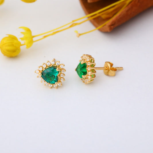 Emerald Heart Shaped Stud Earring in 14K Solid Gold surrounded by Real Diamonds, May Birthstone Jewelry Queen Jewelry Earrings