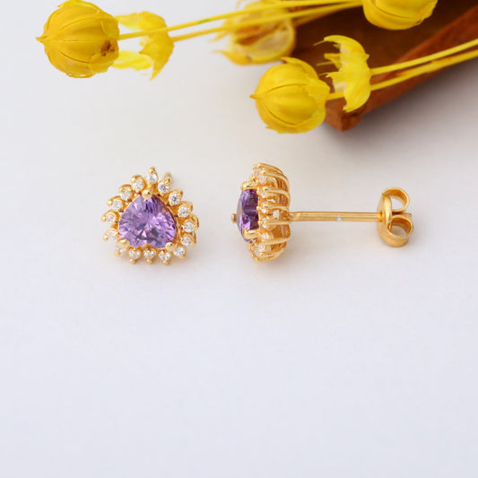 Amethyst Heart Shaped Stud Earring in 14K Solid Gold surrounded by Real Diamonds, February Birthstone Jewelry Queen Jewelry Earrings