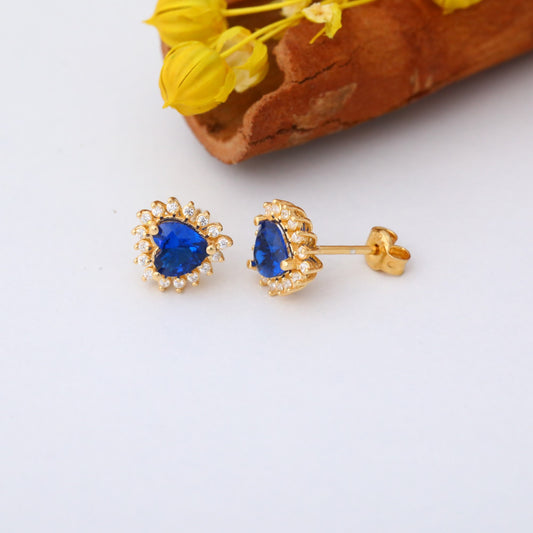Sapphire Heart Shaped Stud Earring in 14K Solid Gold surrounded by Real Diamonds, September Birthstone Jewelry Queen Jewelry Earrings