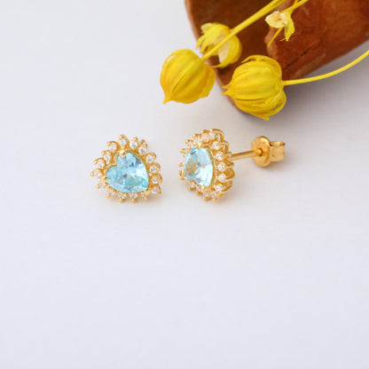 Aquamarine Heart Shaped Stud Earring in 14K Solid Gold surrounded by Real Diamonds, March Birthstone Jewelry Queen Jewelry Earrings