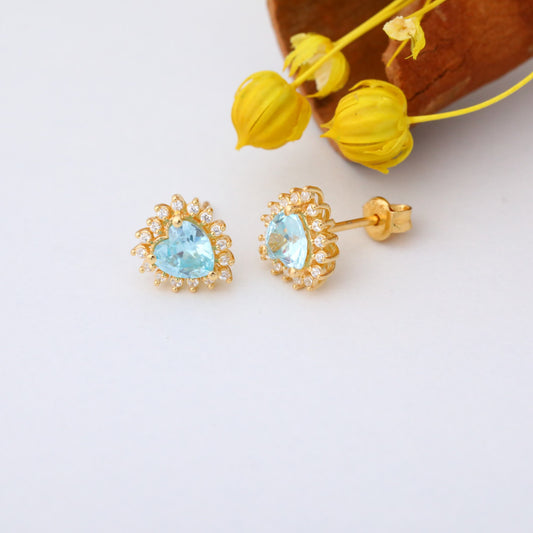 Aquamarine Heart Shaped Stud Earring in 14K Solid Gold surrounded by Real Diamonds, March Birthstone Jewelry Queen Jewelry Earrings