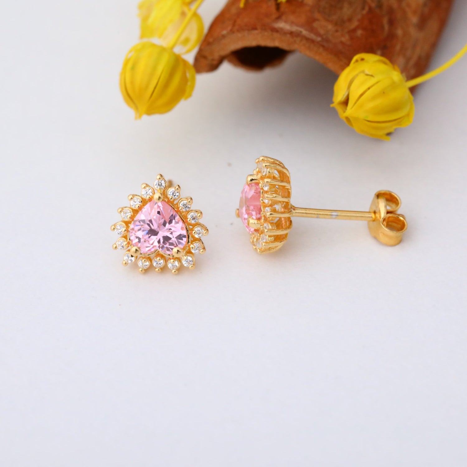 Pink Tourmaline Heart Shaped Stud Earring in 14K Solid Gold surrounded by Real Diamonds, October Birthstone Jewelry Queen Jewelry Earrings