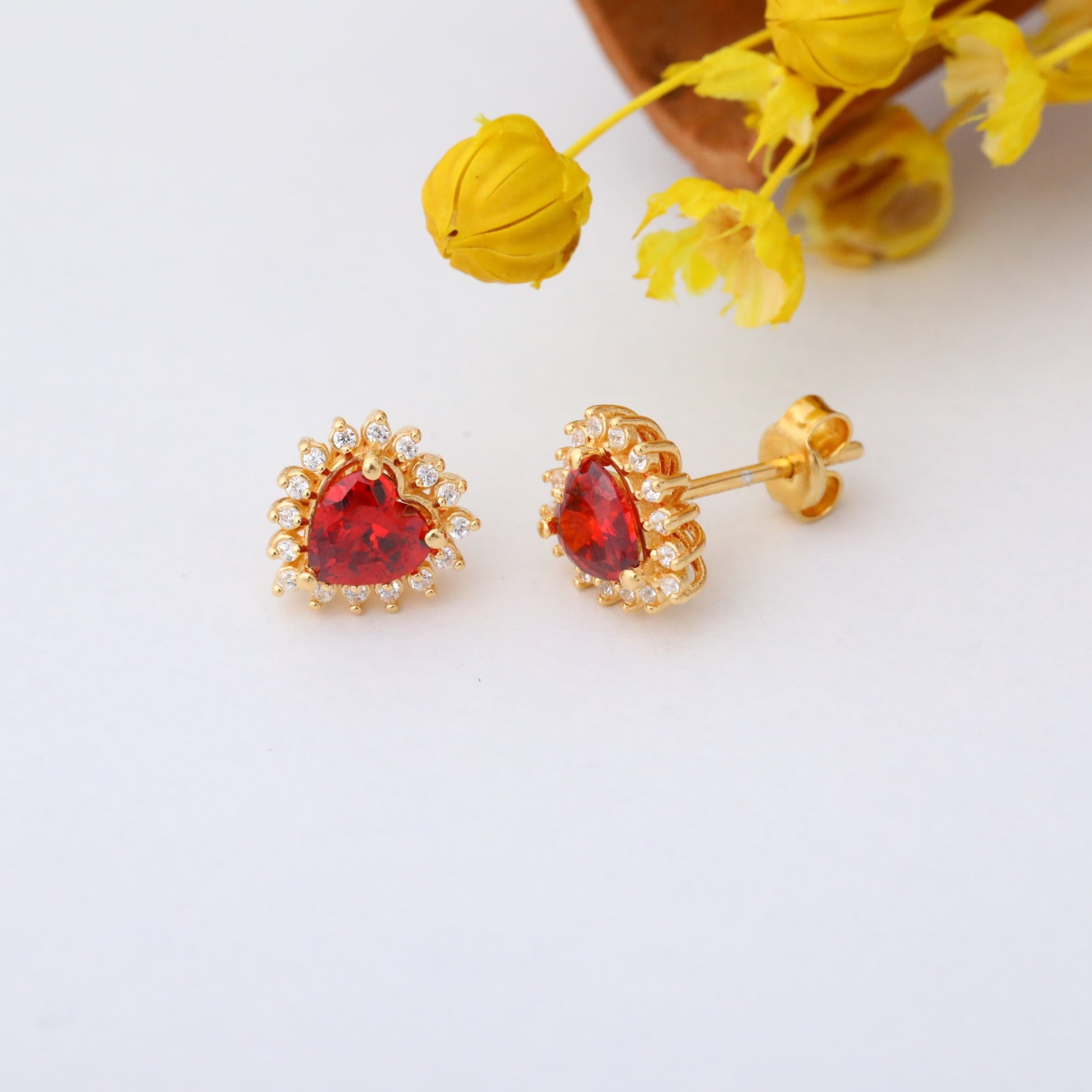 Garnet Heart Shaped Stud Earring in 14K Solid Gold surrounded by Real Diamonds, January Birthstone Jewelry Queen Jewelry Earrings