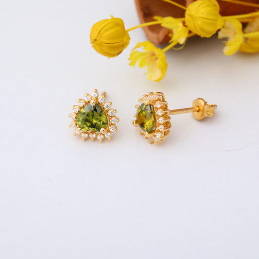 Peridot Heart Shaped Stud Earring in 14K Solid Gold surrounded by Real Diamonds, August Birthstone Jewelry Queen Jewelry Earrings