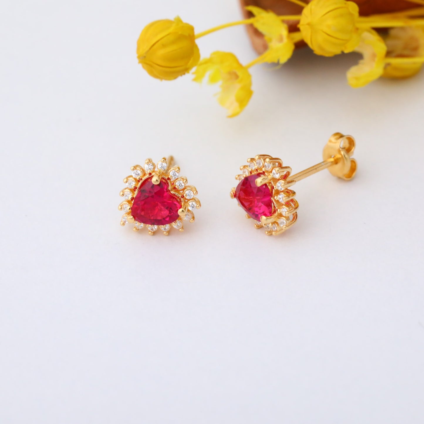 Ruby Heart Shaped Stud Earring in 14K Solid Gold surrounded by Real Diamonds, July Birthstone Jewelry Queen Jewelry Earrings