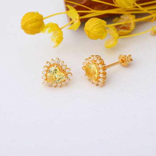 Yellow Topaz Heart Shaped Stud Earring in 14K Solid Gold surrounded by Real Diamonds, Birthstone Jewelry Queen Jewelry Earrings