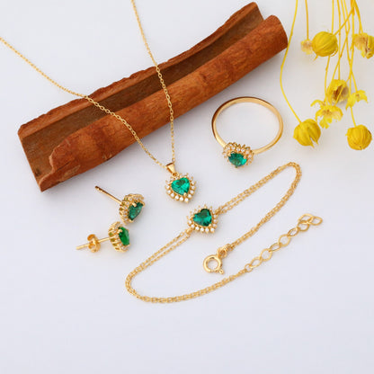 Emerald Heart Necklace Surrounded by Real Diamonds in 14K Solid Gold Pendant, May Birthstone Charms Queen Jewelry Necklace