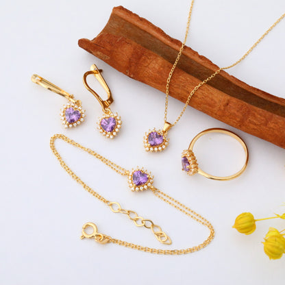 Amethyst Heart Necklace Surrounded by Real Diamonds in 14K Solid Gold Pendant, February Birthstone Charms Queen Jewelry Necklace