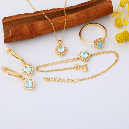 Aquamarine Heart Shaped Stud Earring in 14K Solid Gold surrounded by Real Diamonds, March Birthstone Jewelry Queen Jewelry Earrings