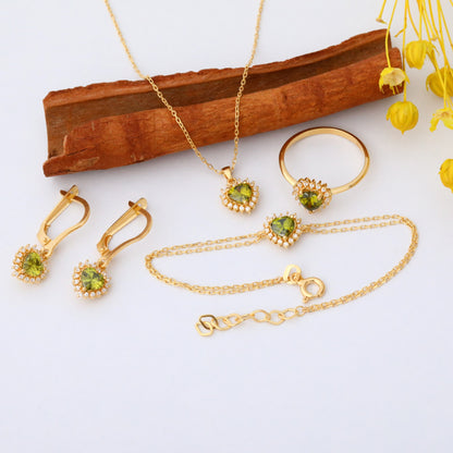 Peridot Heart Necklace Surrounded by Real Diamonds in 14K Solid Gold Pendant, August Birthstone Charms Queen Jewelry Necklace