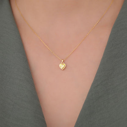 Heart Yellow Topaz Bezel Necklace in 14K Solid Gold, Birthstone Charm Pendant Queen Jewelry Necklace