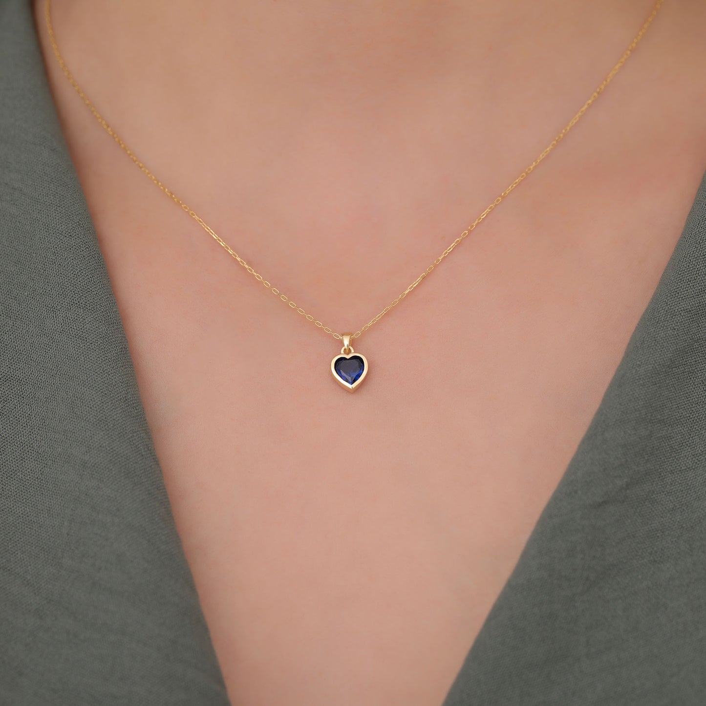 Heart Sapphire Bezel Necklace in 14K Solid Gold, September Birthstone Charm Pendant Queen Jewelry Necklace