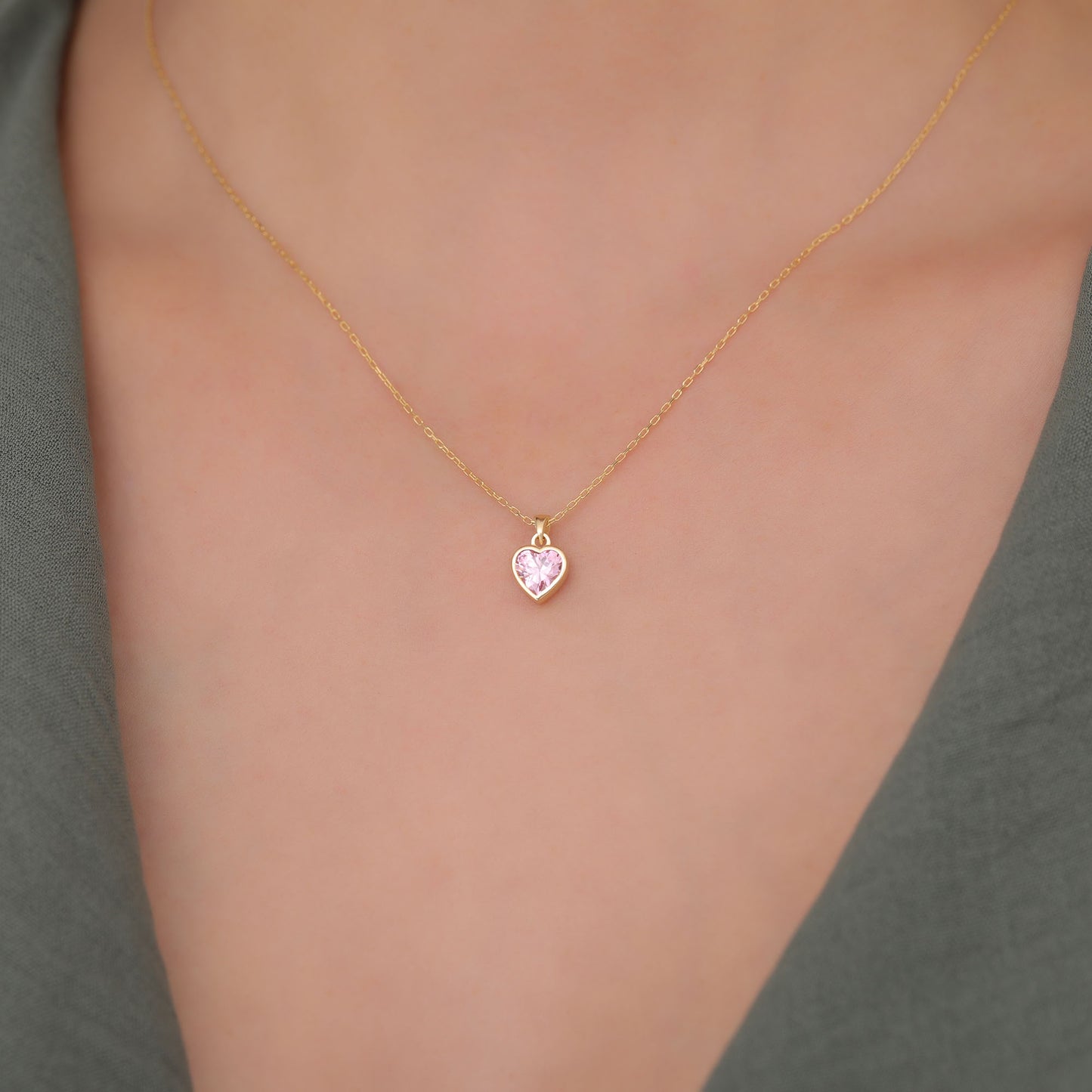 Heart Pink Tourmaline Bezel Necklace in 14K Solid Gold, October Birthstone Charm Pendant Queen Jewelry Necklace