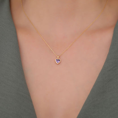 Heart Amethyst Bezel Necklace in 14K Solid Gold, February Birthstone Charm Pendant Queen Jewelry Necklace