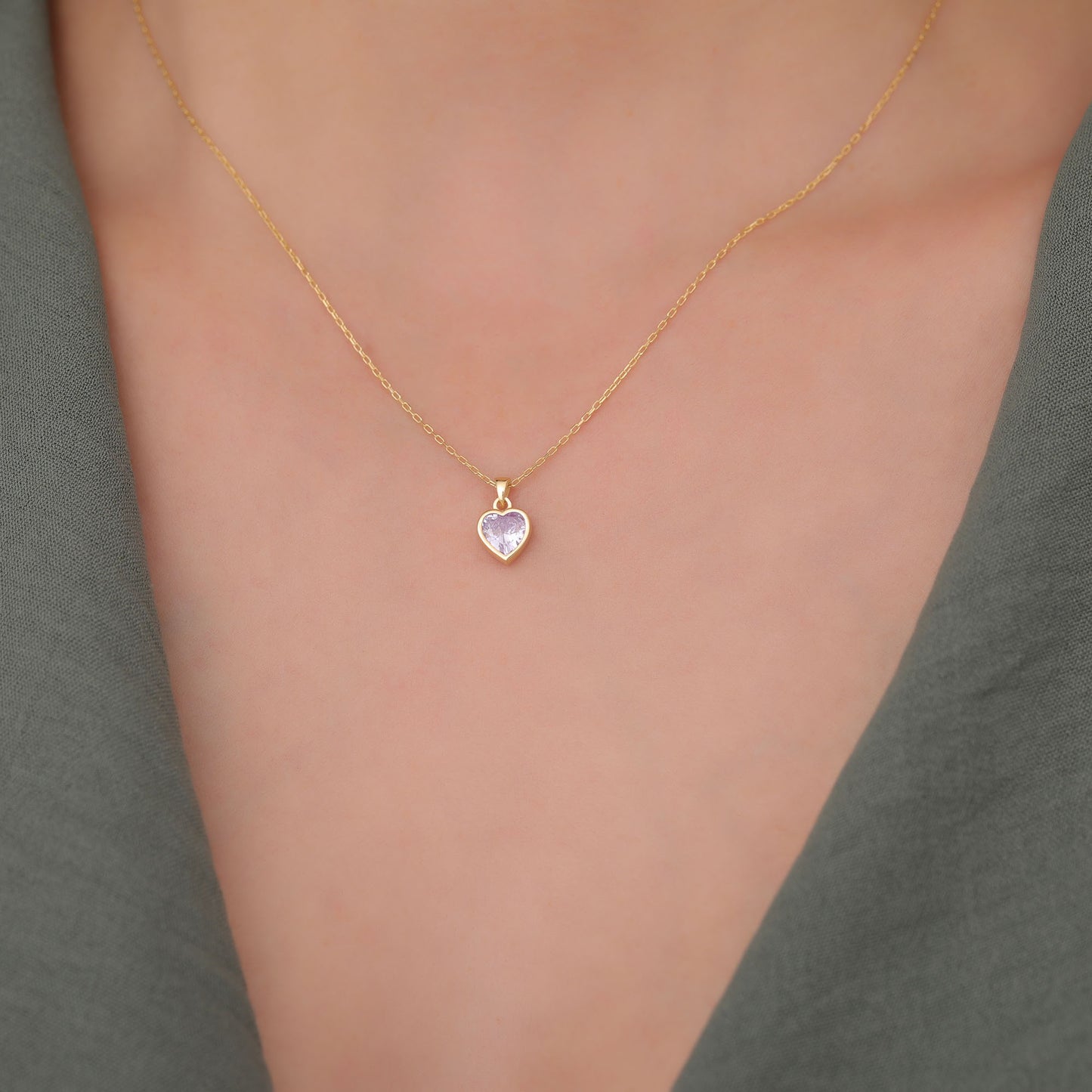 Heart Alexandrite Bezel Necklace in 14K Solid Gold, June Birthstone Charm Pendant Queen Jewelry Necklace