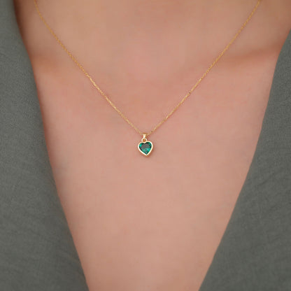 Heart Emerald Bezel Necklace in 14K Solid Gold, May Birthstone Charm Pendant Queen Jewelry Necklace