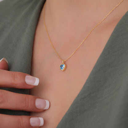 Heart Blue Topaz Bezel Necklace in 14K Solid Gold, December Birthstone Charm Pendant Queen Jewelry Necklace