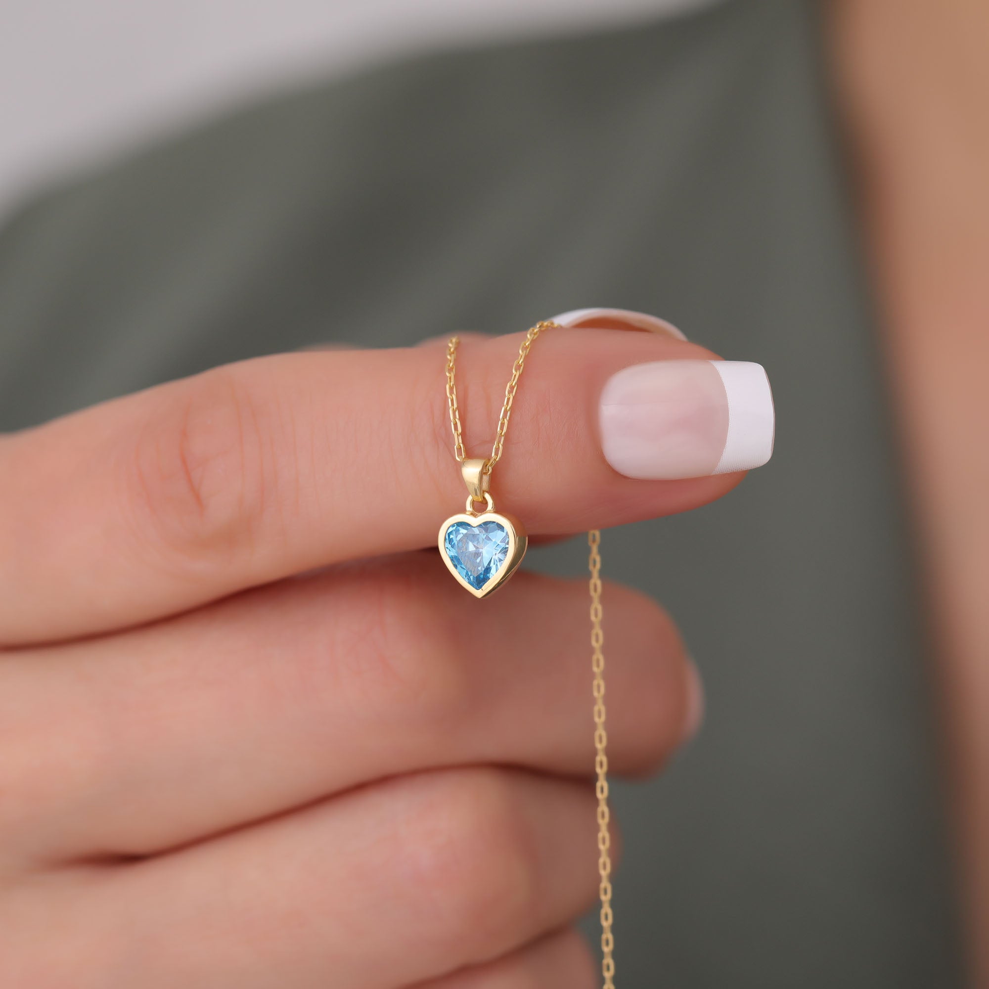 Heart Blue Topaz Bezel Necklace in 14K Solid Gold, December Birthstone Charm Pendant Queen Jewelry Necklace