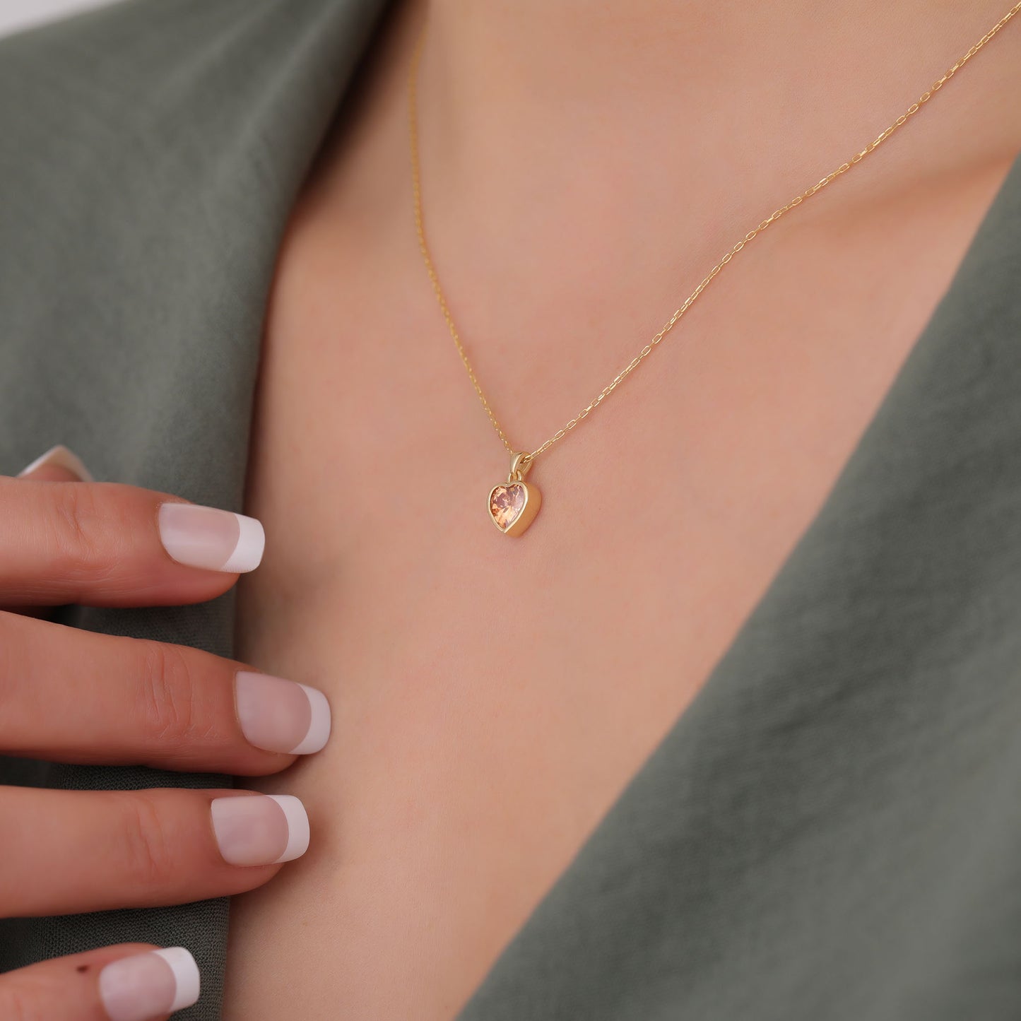 Heart Citrine Bezel Necklace in 14K Solid Gold, November Birthstone Charm Pendant Queen Jewelry Necklace