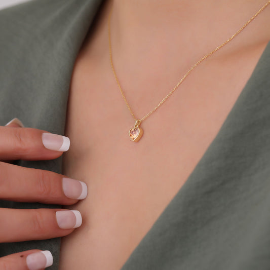 Heart Citrine Bezel Necklace in 14K Solid Gold, November Birthstone Charm Pendant Queen Jewelry Necklace