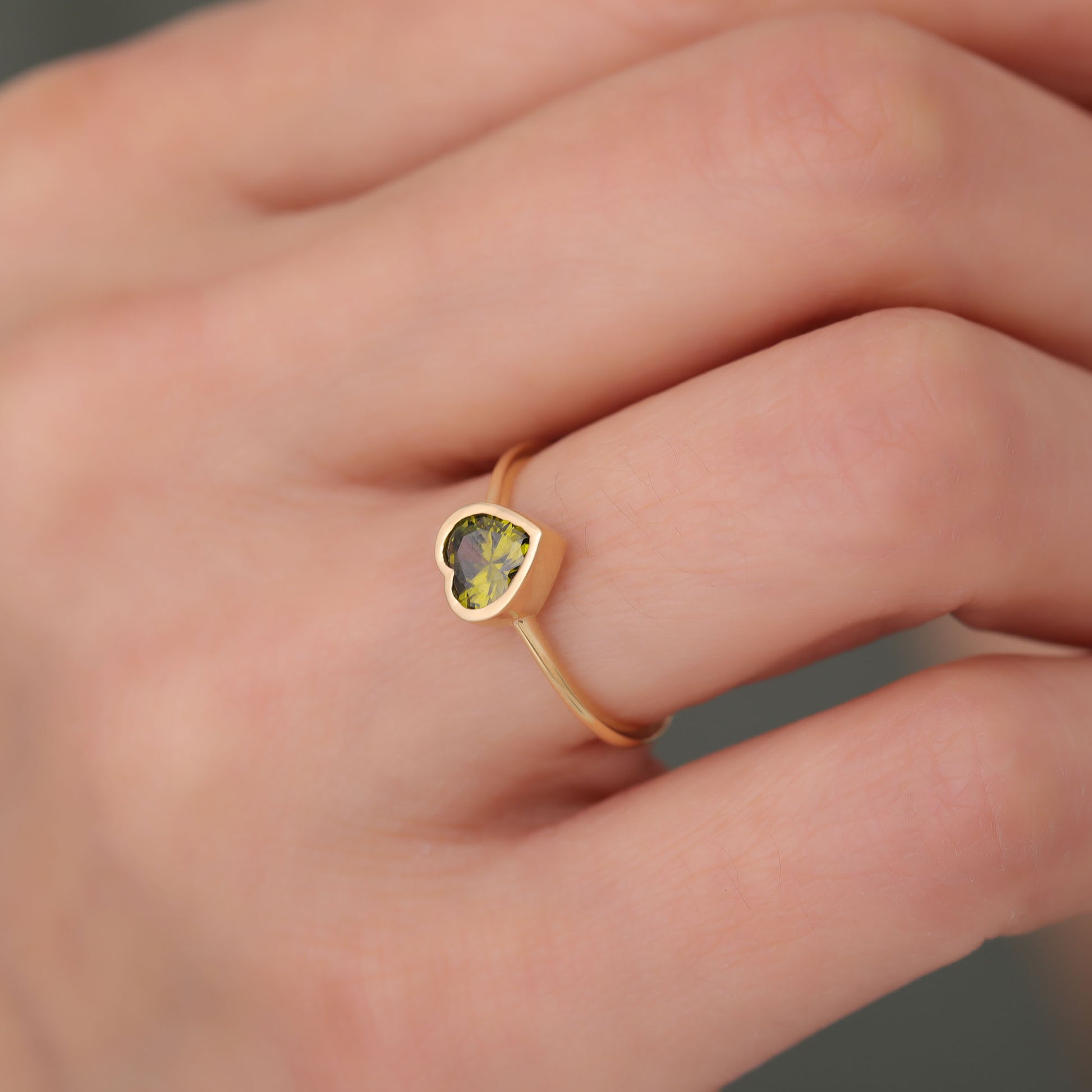 Heart Peridot Bezel Ring in 14K Solid Gold, August Birthstone Jewelry Queen Jewelry Rings