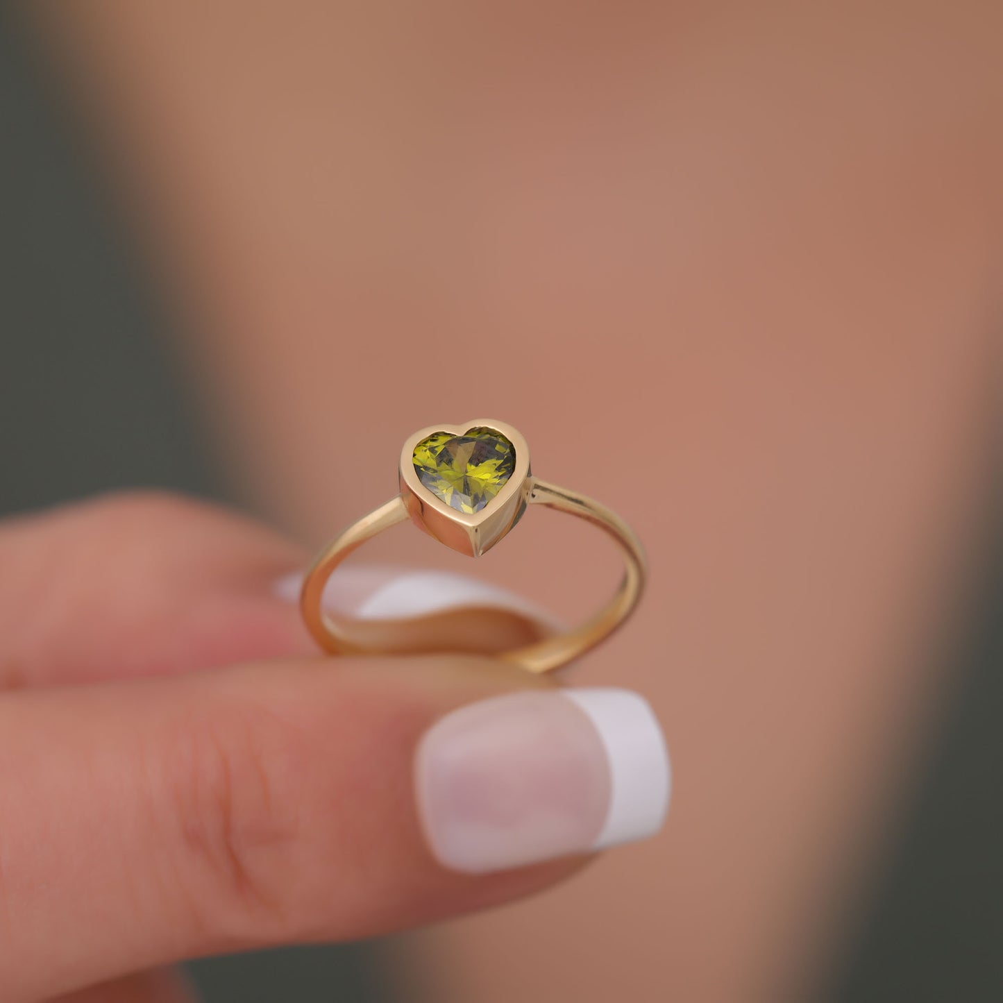 Heart Peridot Bezel Ring in 14K Solid Gold, August Birthstone Jewelry Queen Jewelry Rings