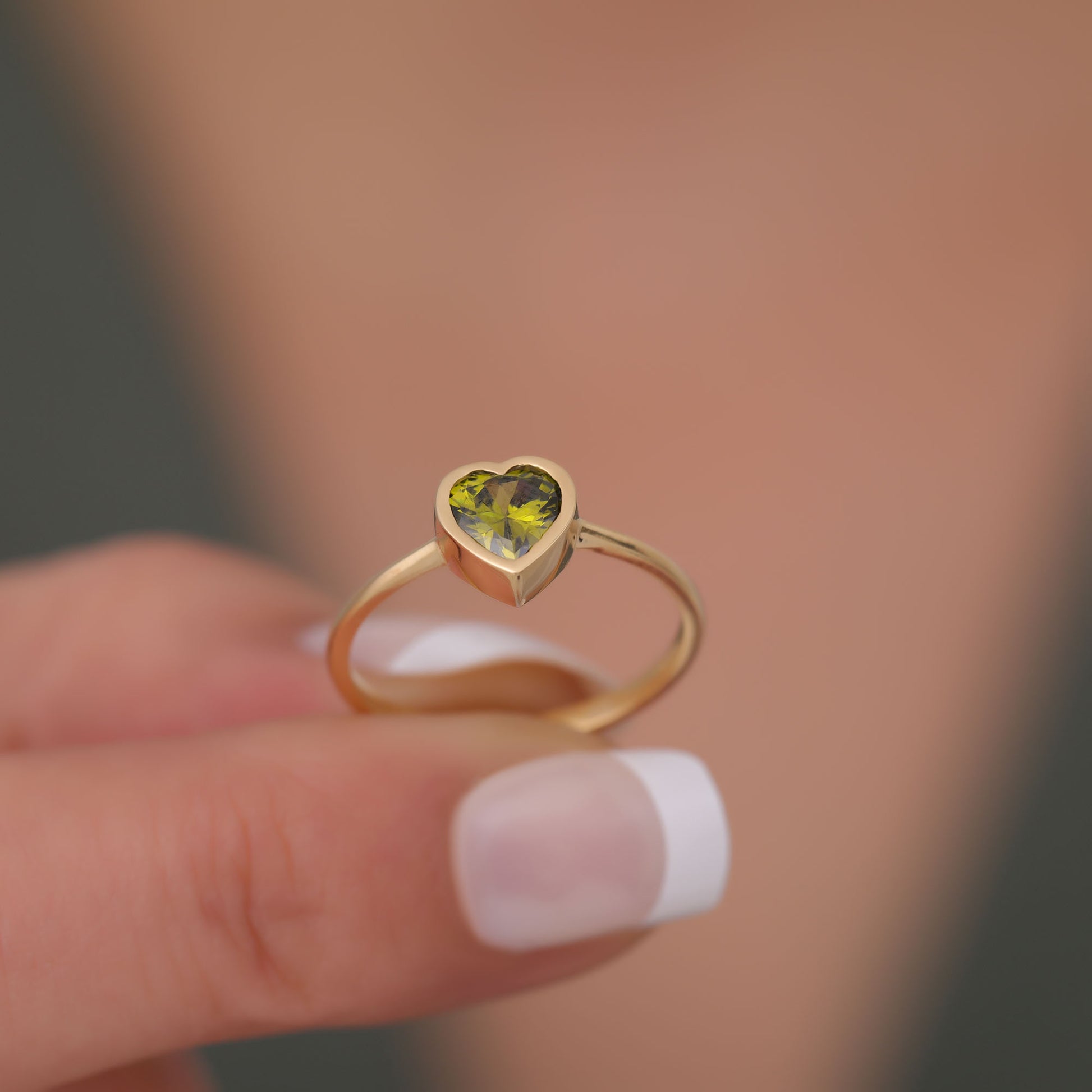 Heart Peridot Bezel Ring in 14K Solid Gold, August Birthstone Jewelry Queen Jewelry Rings