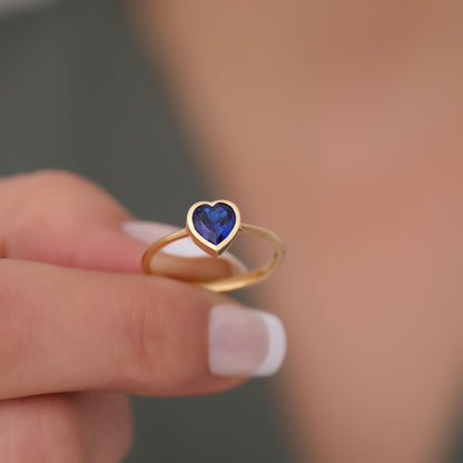 Heart Sapphire Bezel Ring in 14K Solid Gold, September Birthstone Jewelry Queen Jewelry Rings