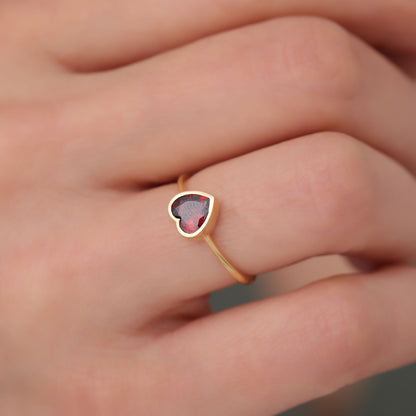 Heart Garnet Bezel Ring in 14K Solid Gold, January Birthstone Jewelry Queen Jewelry Rings