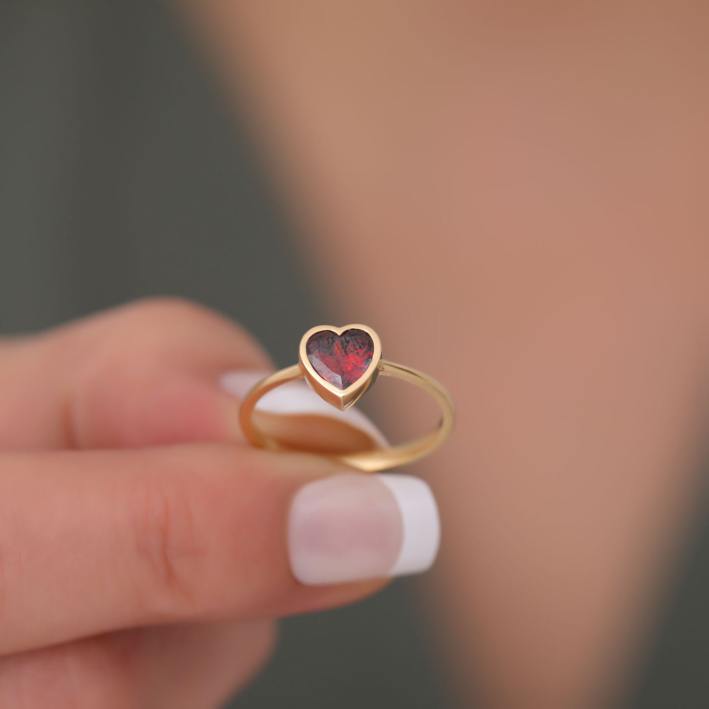 Heart Garnet Bezel Ring in 14K Solid Gold, January Birthstone Jewelry Queen Jewelry Rings