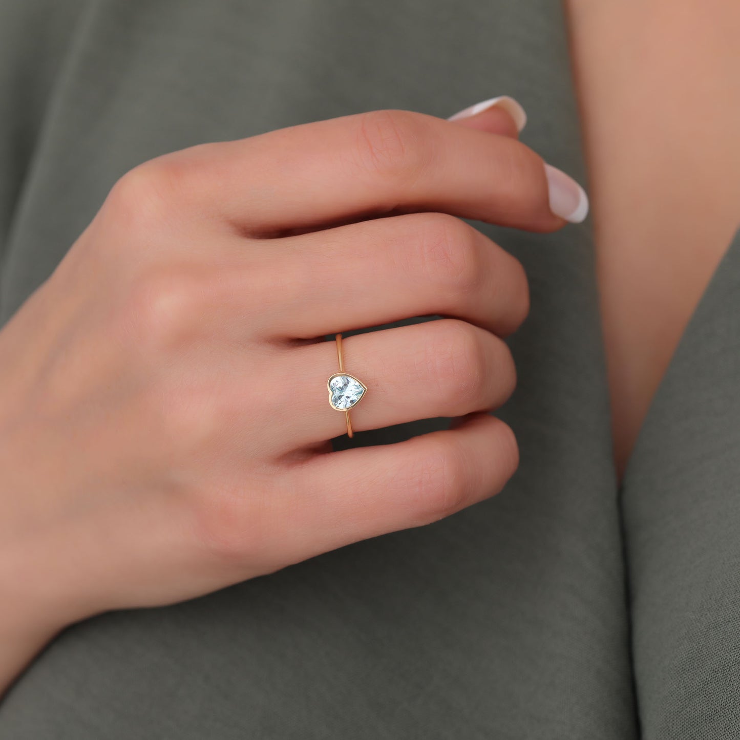 Heart Aquamarine Bezel Ring in 14K Solid Gold, March Birthstone Jewelry Queen Jewelry Rings