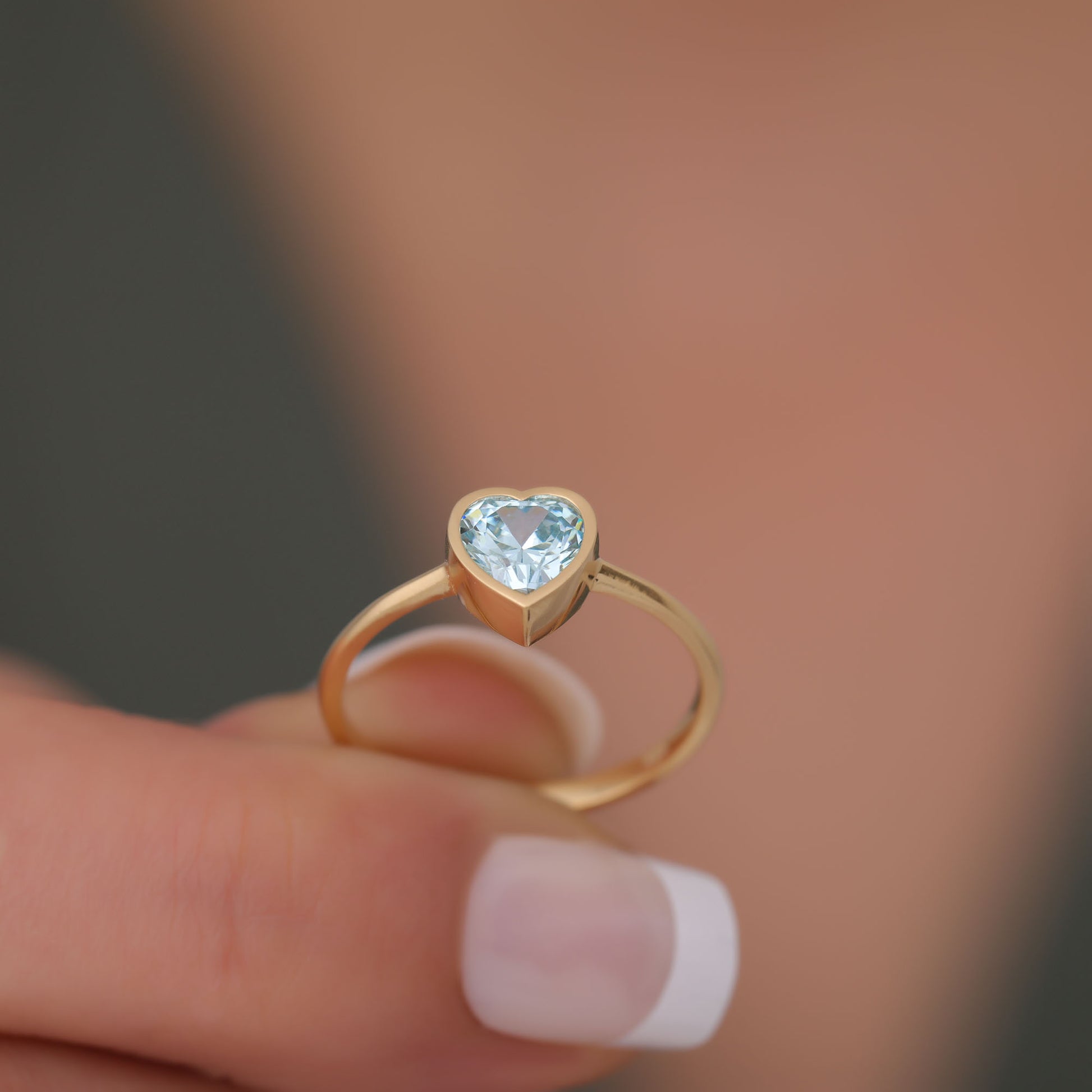 Heart Aquamarine Bezel Ring in 14K Solid Gold, March Birthstone Jewelry Queen Jewelry Rings