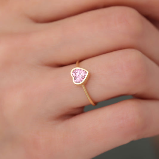 Heart Pink Tourmaline Bezel Ring in 14K Solid Gold, October Birthstone Jewelry Queen Jewelry Rings