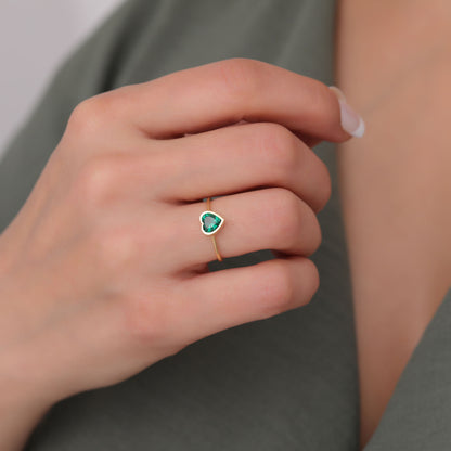 Heart Emerald Bezel Ring in 14K Solid Gold, May Birthstone Jewelry Queen Jewelry Rings