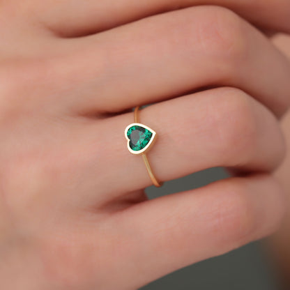 Heart Emerald Bezel Ring in 14K Solid Gold, May Birthstone Jewelry Queen Jewelry Rings