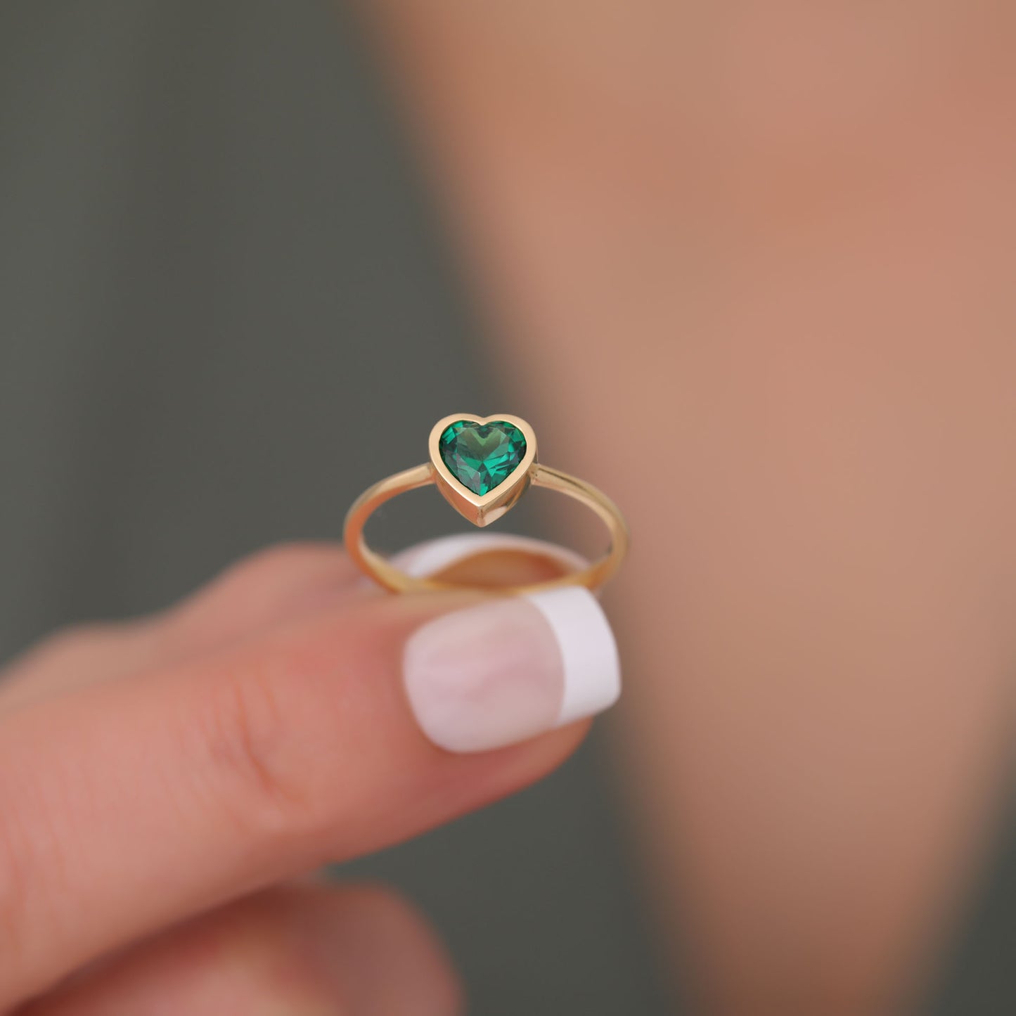 Heart Emerald Bezel Ring in 14K Solid Gold, May Birthstone Jewelry Queen Jewelry Rings
