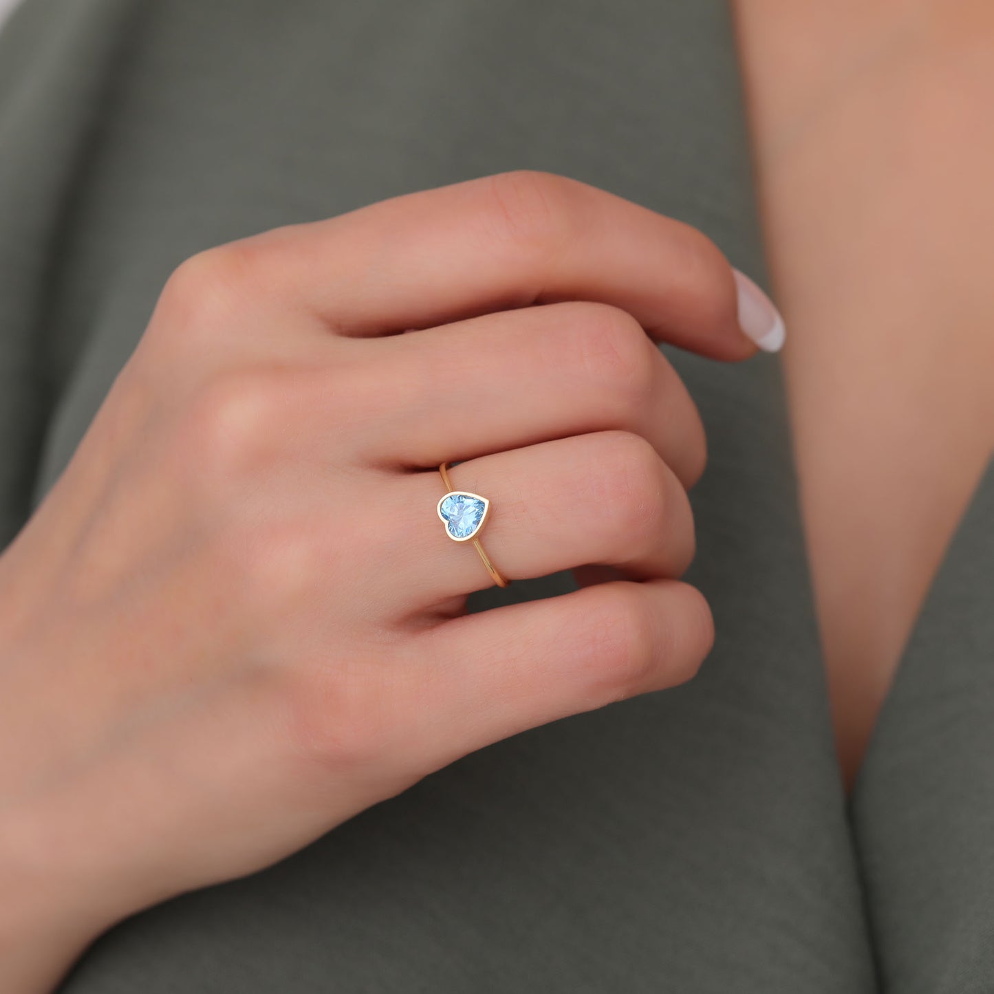 Heart Blue Topaz Bezel Ring in 14K Solid Gold, December Birthstone Jewelry Queen Jewelry Rings