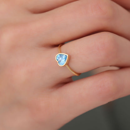 Heart Blue Topaz Bezel Ring in 14K Solid Gold, December Birthstone Jewelry Queen Jewelry Rings