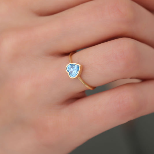 Heart Blue Topaz Bezel Ring in 14K Solid Gold, December Birthstone Jewelry Queen Jewelry Rings