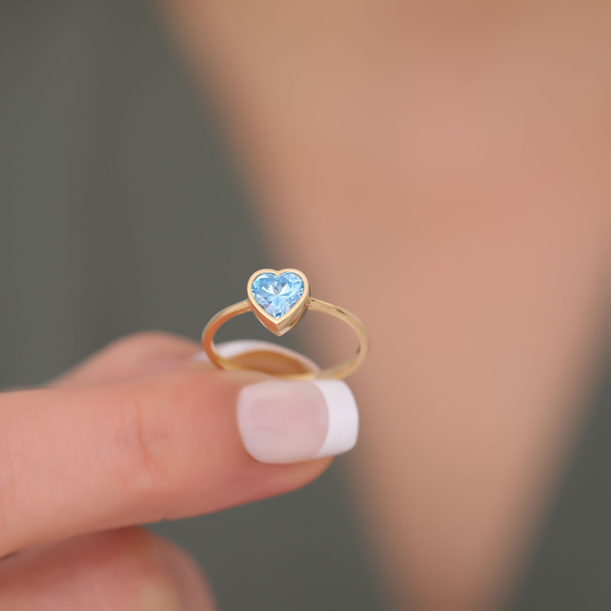 Heart Blue Topaz Bezel Ring in 14K Solid Gold, December Birthstone Jewelry Queen Jewelry Rings