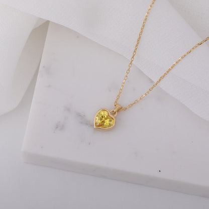 Heart Yellow Topaz Bezel Necklace in 14K Solid Gold, Birthstone Charm Pendant Queen Jewelry Necklace