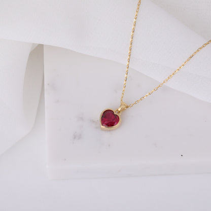 Heart Ruby Bezel Necklace in 14K Solid Gold, July Birthstone Charm Pendant Queen Jewelry Necklace