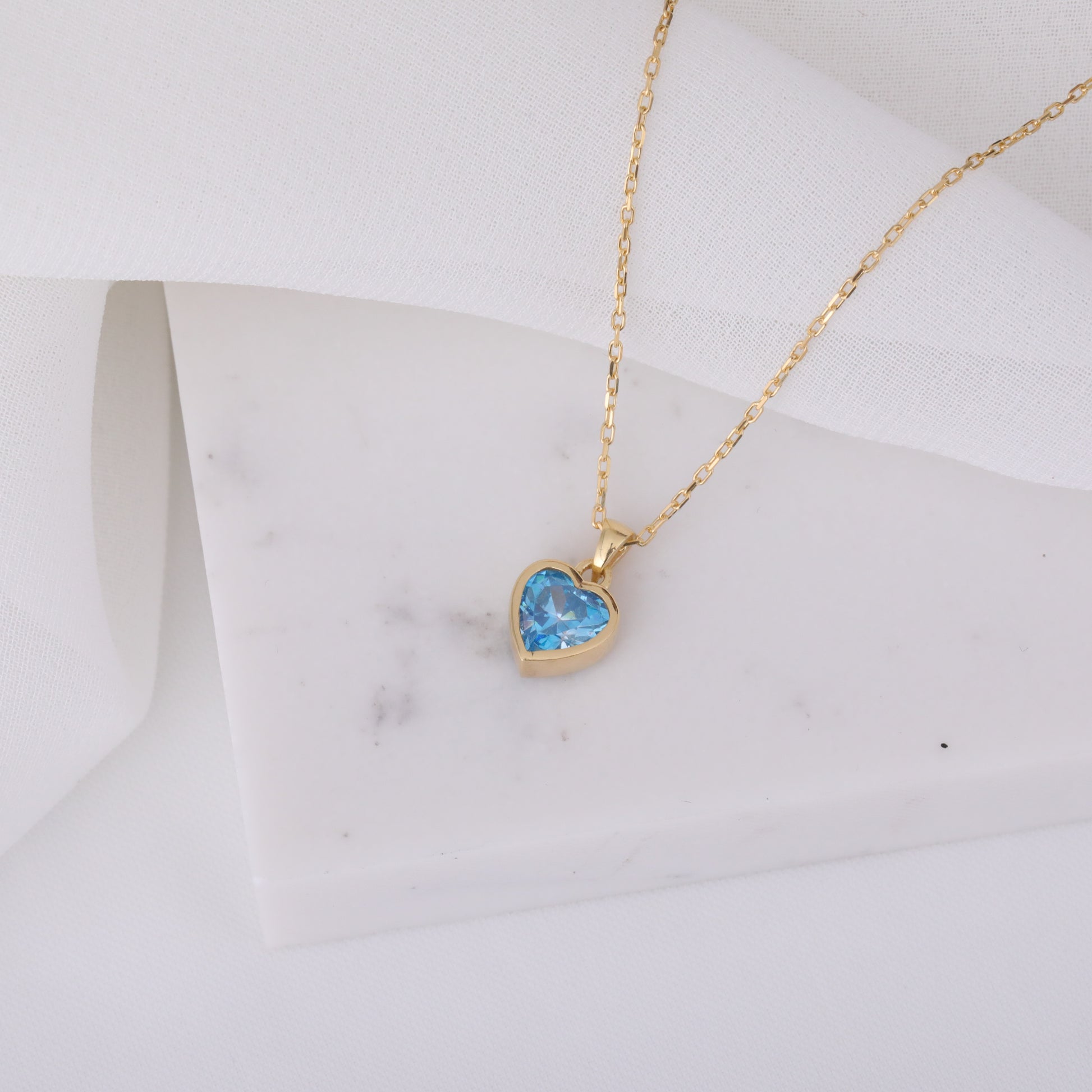 Heart Blue Topaz Bezel Necklace in 14K Solid Gold, December Birthstone Charm Pendant Queen Jewelry Necklace