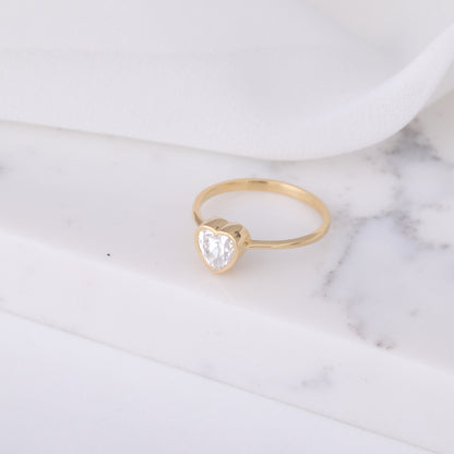 Heart White Topaz Bezel Ring in 14K Solid Gold, April Birthstone Jewelry Queen Jewelry Rings
