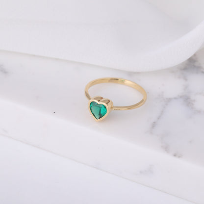 Heart Emerald Bezel Ring in 14K Solid Gold, May Birthstone Jewelry Queen Jewelry Rings