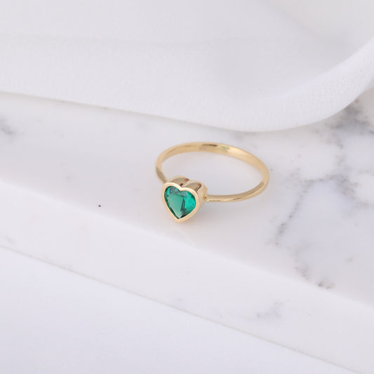 Heart Emerald Bezel Ring in 14K Solid Gold, May Birthstone Jewelry Queen Jewelry Rings